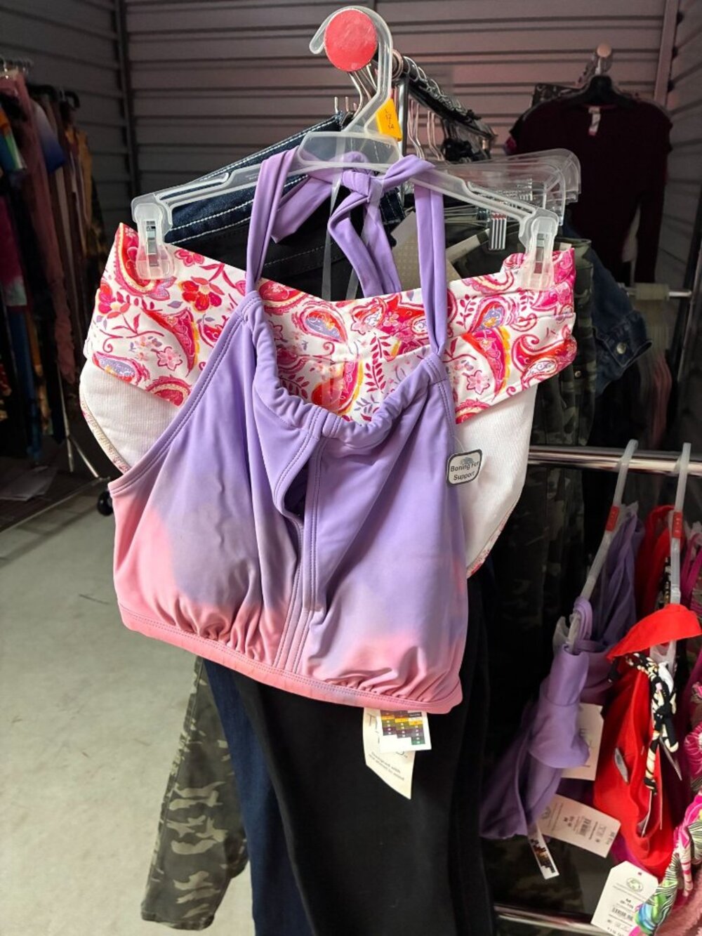 Purple & Pink Paisley Tankini Swimsuit Set Halter Tie Top High-Waisted Bottoms W